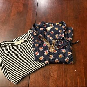 Loft Boho Blouse in Navy Floral and Striped Peplum Tee Bundle